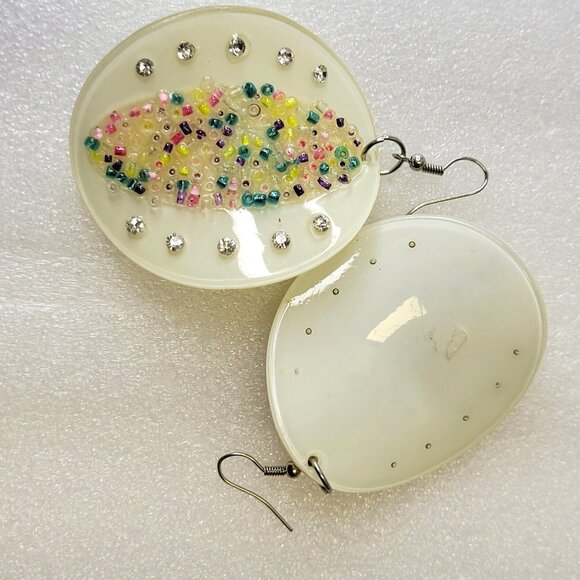 Creamy White Large Earrings with multicolored Beads and Crystal Fashion Stones - Picture 7 of 14
